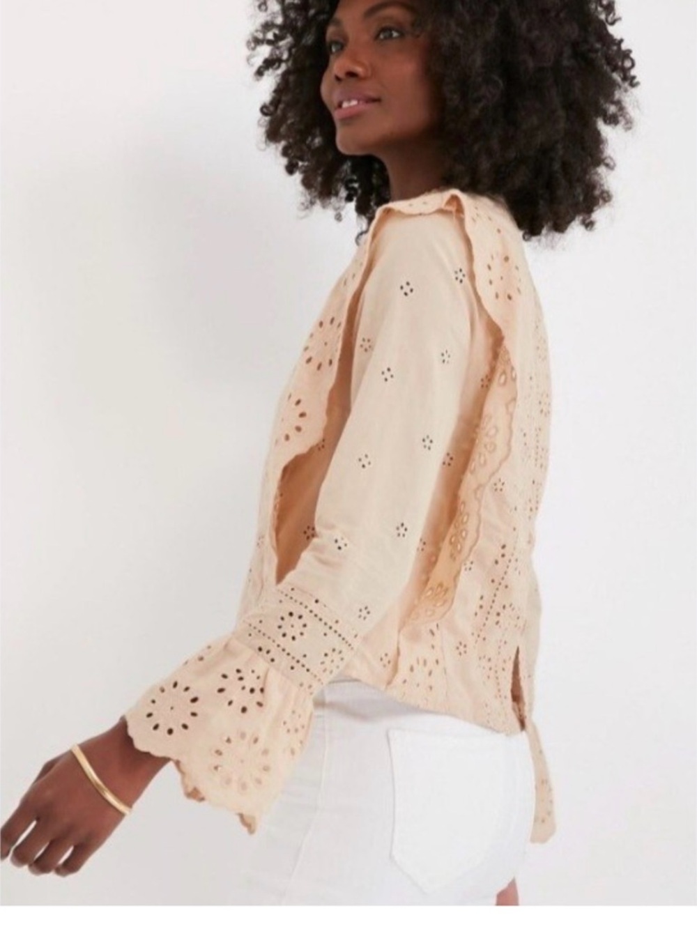 Tuckernuck Hyacinth House Cream Tan Eyelet Long Sleeve Gracelyn Blouse Small NWT - Picture 3 of 4